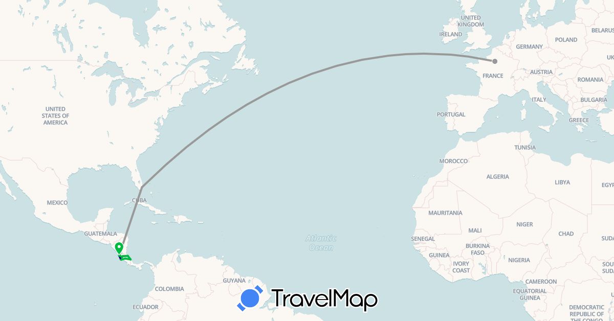 TravelMap itinerary: driving, bus, plane in Costa Rica, France, United States (Europe, North America)